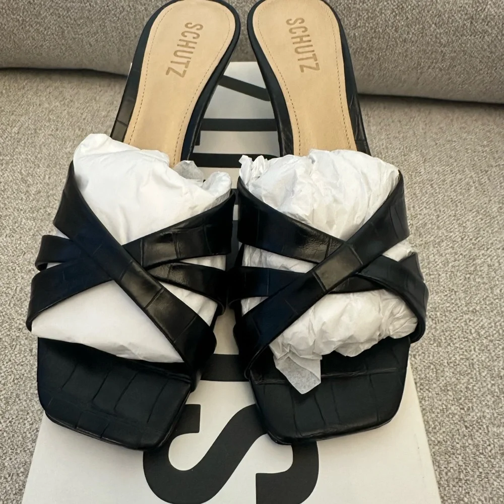 SCHUTZ Black Croc-Embossed Keefa Leather Mules New/ Box & Dustbag Size 8 60mm - Picture 9 of 11